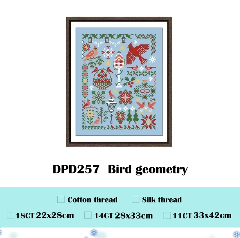 Bird Geometry cross stitch design DPD257: a winter sampler with red cardinals, a birdhouse, an apple basket, firs and snowflakes on sky-blue fabric