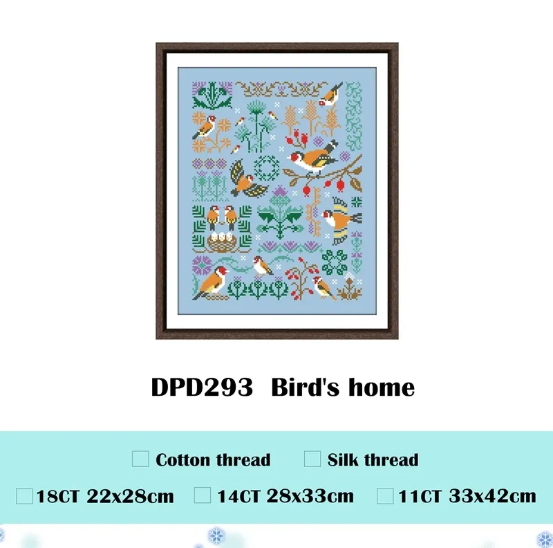Bird's Home cross stitch design DPD293: goldfinches around a nest with eggs, red berries and purple thistles on sky-blue fabric