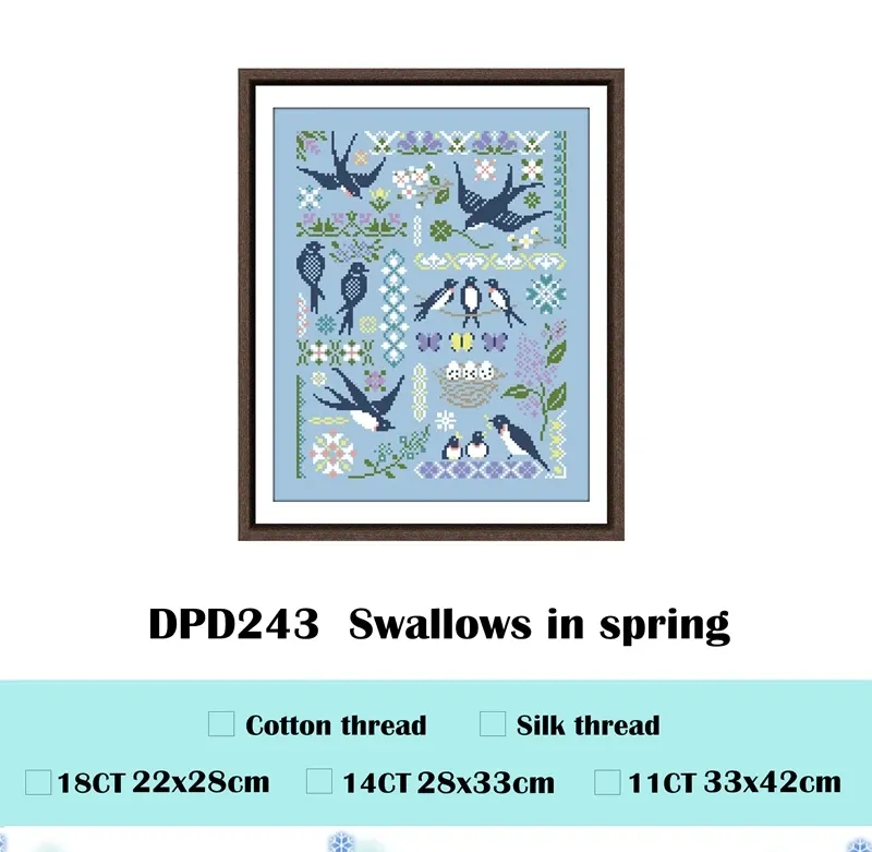 Swallows in Spring cross stitch design DPD243: navy swallows, a nest with four eggs, butterflies and lilac borders on sky-blue fabric