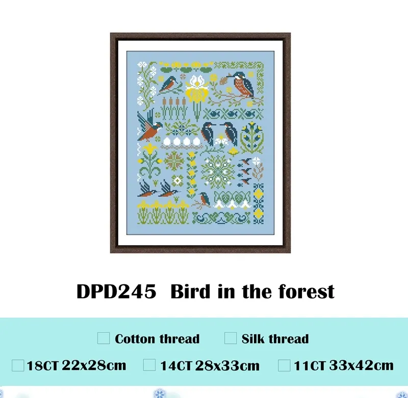 Bird in the Forest cross stitch design DPD245: blue and rust kingfishers among reeds, yellow irises and water lilies on sky-blue fabric