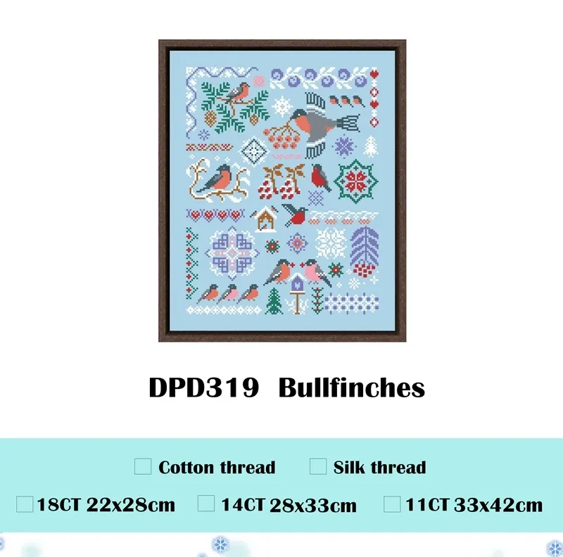 Bullfinches cross stitch design DPD319: red-breasted bullfinches on rowan branches with lilac snowflakes and a fir on sky-blue fabric