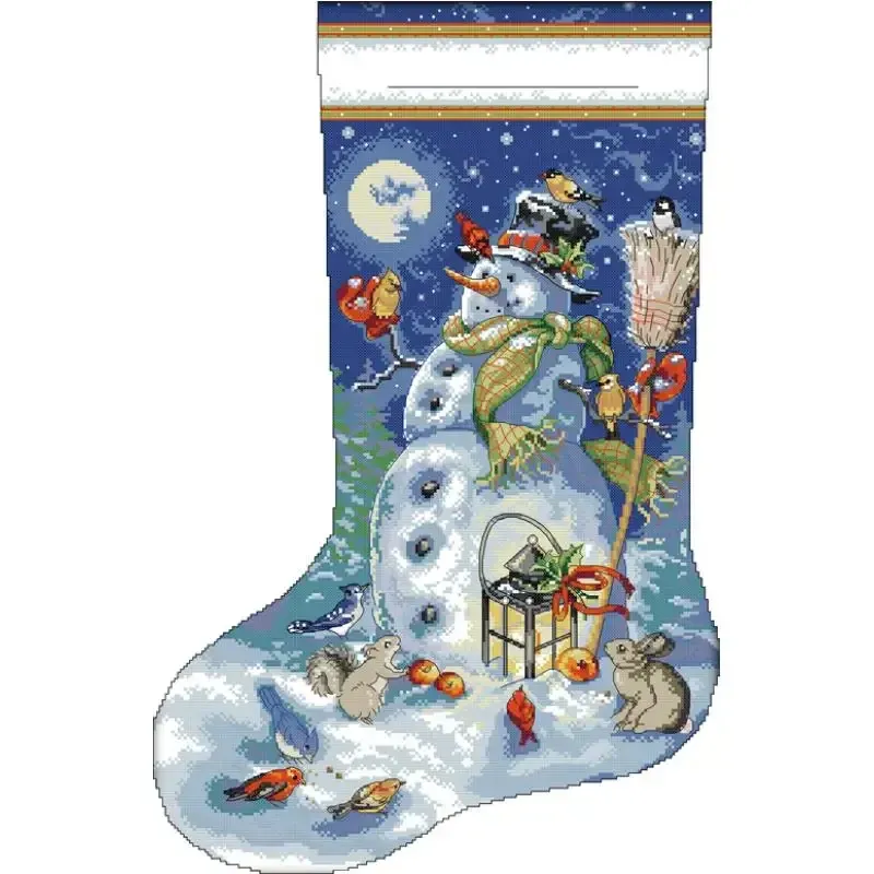 Christmas stocking cross stitch design C594: a snowman holding a lantern and broom with a cardinal, a blue jay, a squirrel and a rabbit in the snow