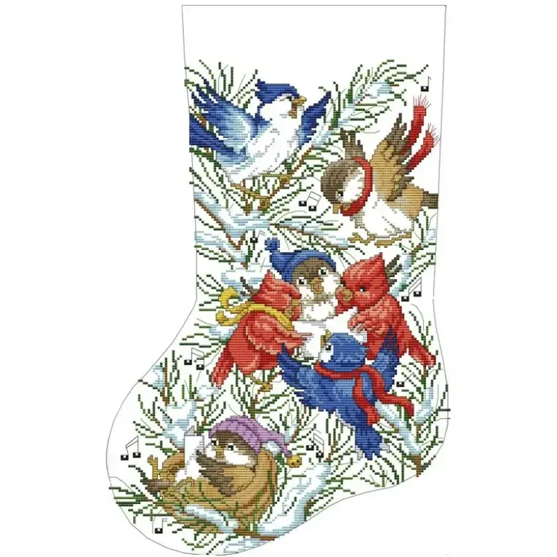 Bird Choir (C595) Christmas stocking cross stitch design C595: winter birds in Santa caps singing together on a snow-covered fir, including a blue jay, a cardinal and capped sparrows