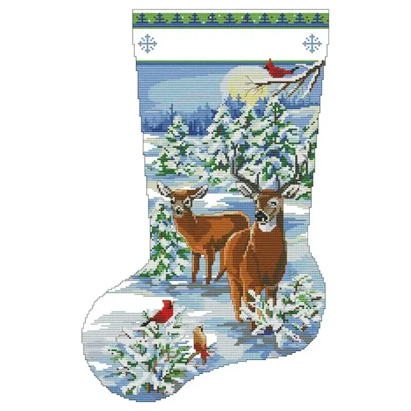Christmas stocking cross stitch design D930: two deer in a snowy clearing among firs with a red cardinal on a branch