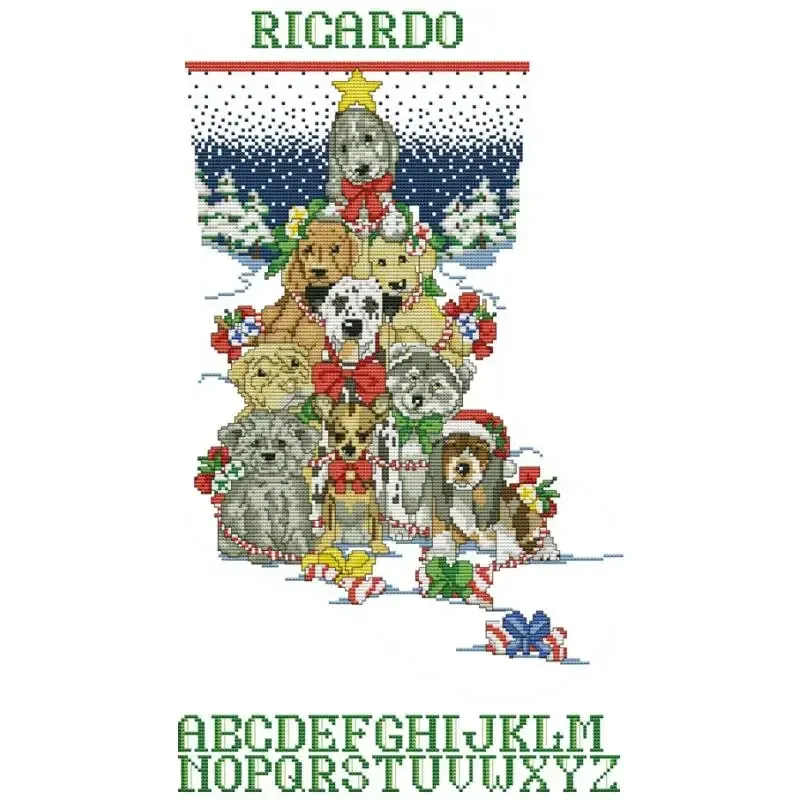 Puppy Tree (DA292), personalizable Personalizable Christmas stocking cross stitch design DA292: puppies stacked into a Christmas-tree shape, with a name band you stitch yourself using the included alphabet chart