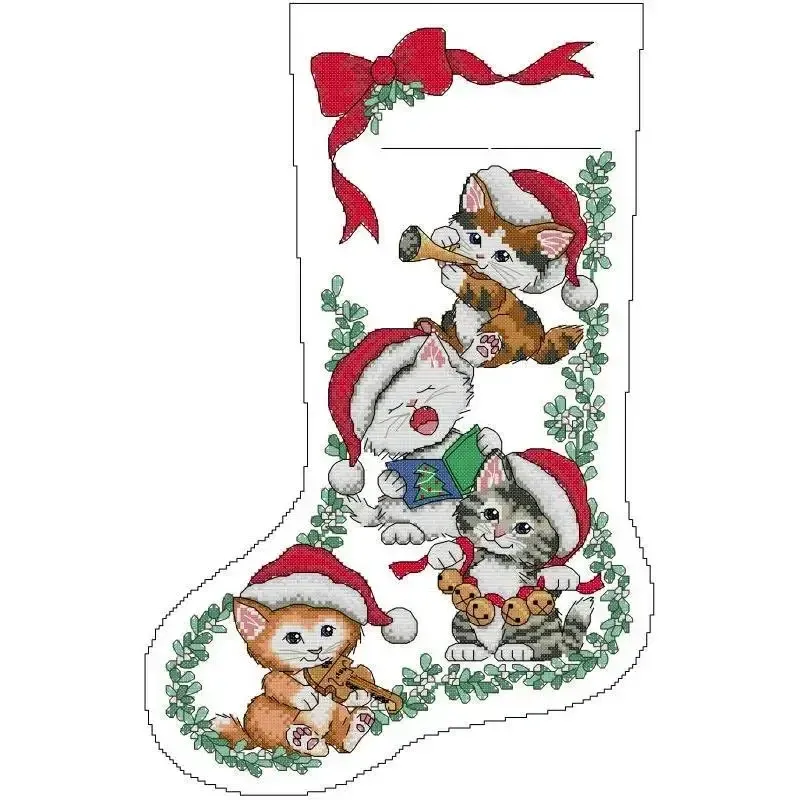 Christmas stocking cross stitch design DA569: four kittens in Santa hats playing a trumpet, jingle bells and a violin under a red bow