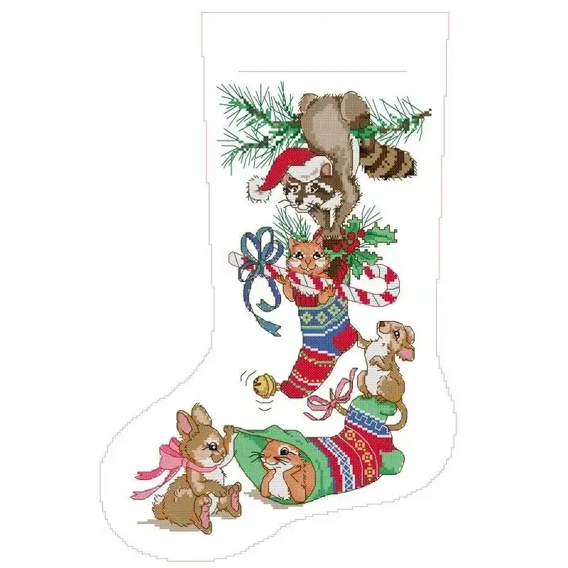 Cozy Critters (KB164) Christmas stocking cross stitch design KB164: a raccoon in a knit hat sitting on a branch, a kitten peeking out of a knitted stocking, a mouse and rabbits below