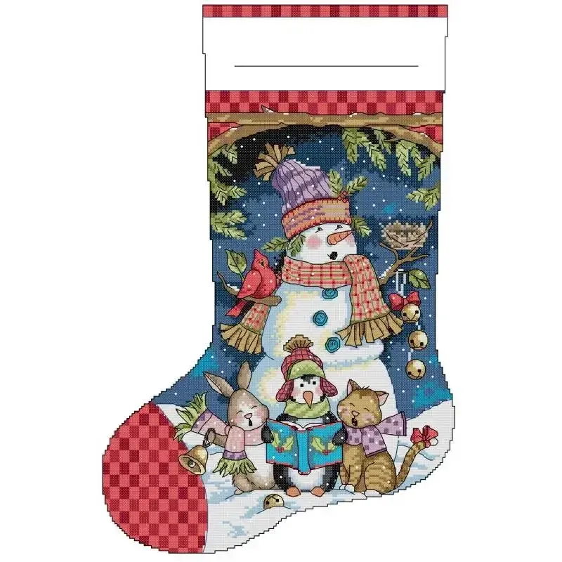 Christmas stocking cross stitch design KB167: a snowman in a purple beanie with a singing penguin, a cardinal, a cat and a rabbit under a night sky