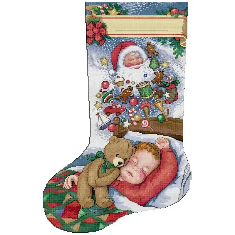 Sweet Dreams (KB168), personalizable Personalizable Christmas stocking cross stitch design KB168: a sleeping baby hugging a teddy bear and dreaming of Santa and toys, with a blank name band you stitch yourself