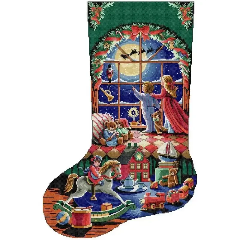 Children's Paradise (KB169) Christmas stocking cross stitch design KB169 Children's Paradise: children at a window watching Santa's sleigh fly past, with a rocking horse and toys on a green ground