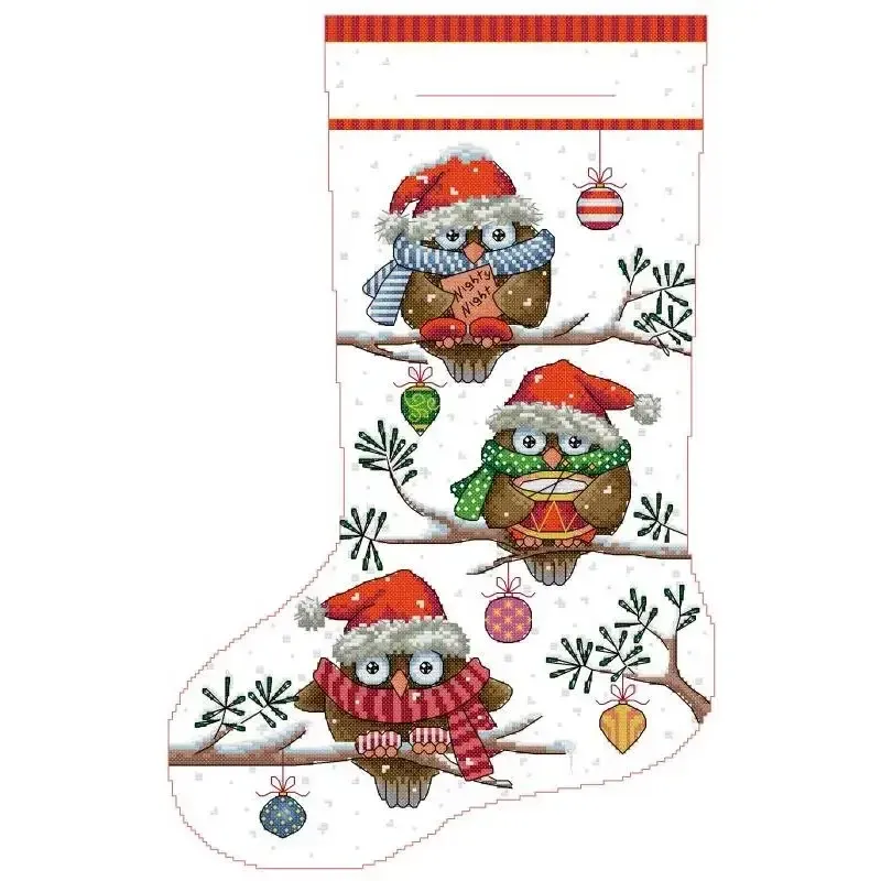 Winter Owls (KB172) Christmas stocking cross stitch design KB172: three owls wearing beanies and scarves perched on branches with a drum and hanging ornaments