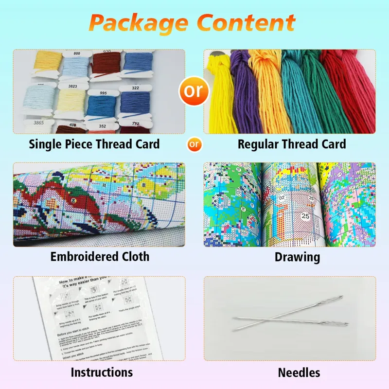 Package contents of a CozyCross kit: numbered thread cards or skeins, the fabric, the printed color chart, an instruction sheet and two needles