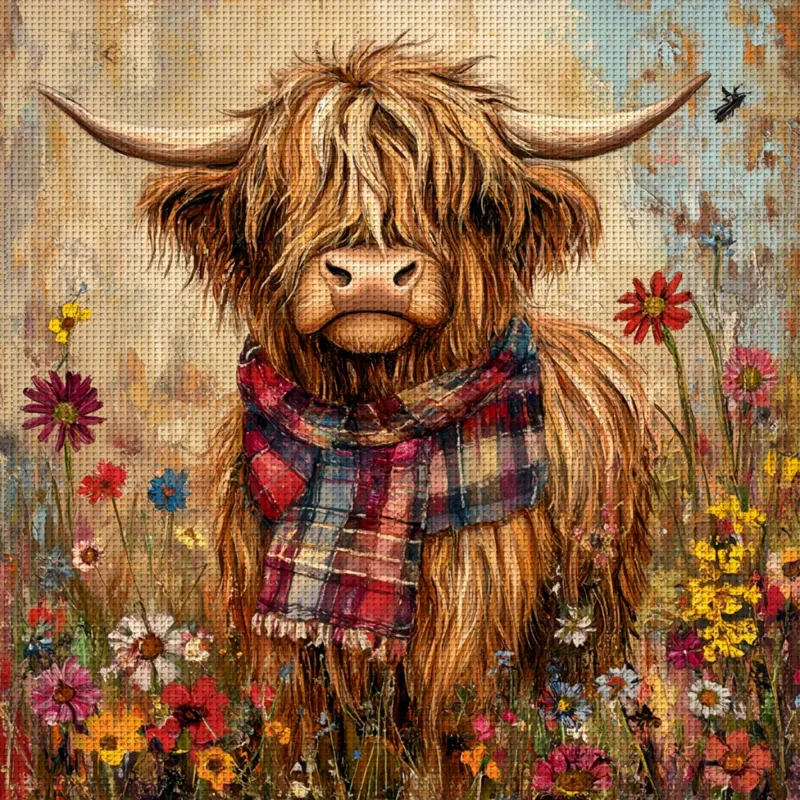 Stamped highland cow cross stitch design TM20641: a shaggy highland cow in a red and blue tartan scarf standing among wildflowers, printed in full color on the fabric