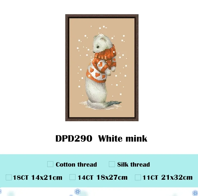 White Mink counted cross stitch design DPD290: a white mink standing in an orange sweater patterned with white hearts