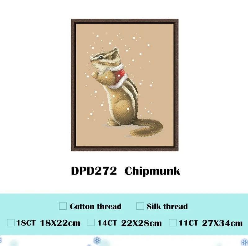 Chipmunk counted cross stitch design DPD272: a striped chipmunk standing in profile wearing a red and white ruffled holiday collar