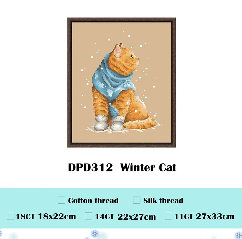 Winter Cat counted cross stitch design DPD312: an orange tabby cat seen from behind with its head turned, in a blue pompom shawl and white booties