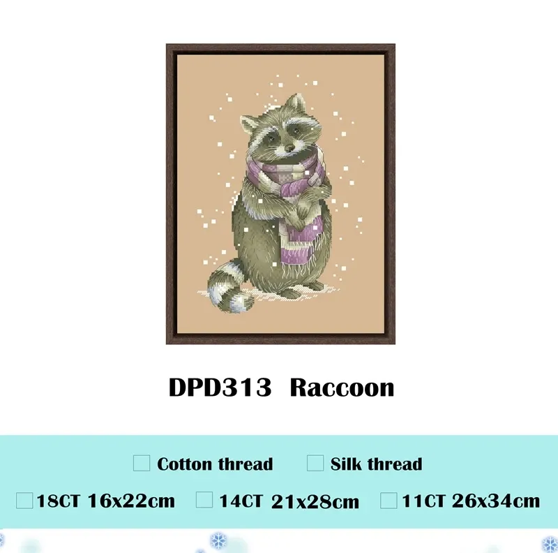 Raccoon counted cross stitch design DPD313: a raccoon standing in a long striped mauve and cream scarf on flaxen fabric
