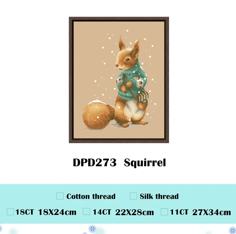 Squirrel counted cross stitch design DPD273: a red squirrel standing in a turquoise flower sweater with a small satchel