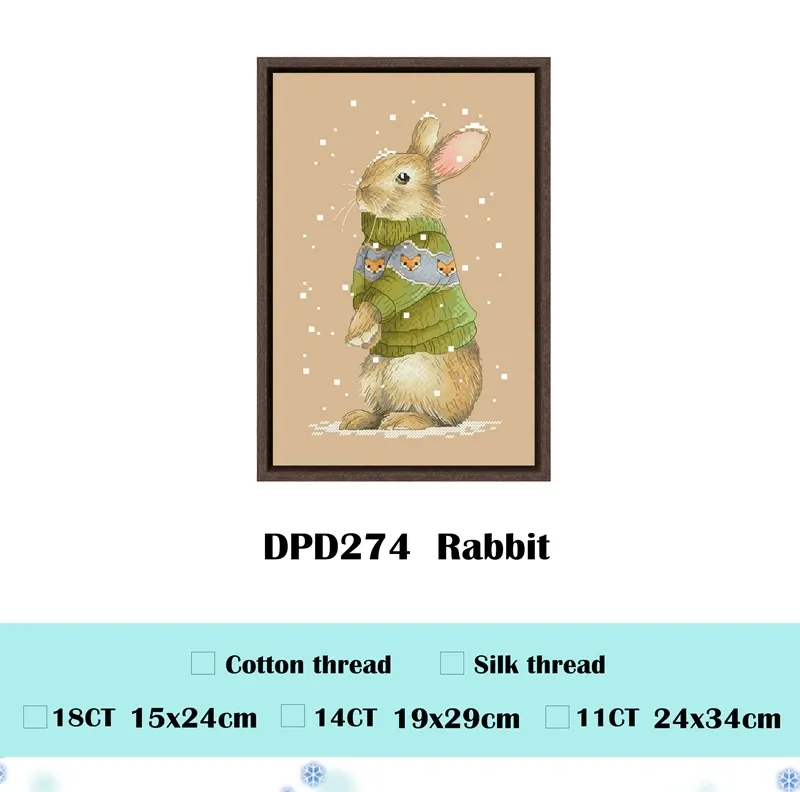 Rabbit counted cross stitch design DPD274: a beige rabbit standing in an olive-green sweater with a fox border