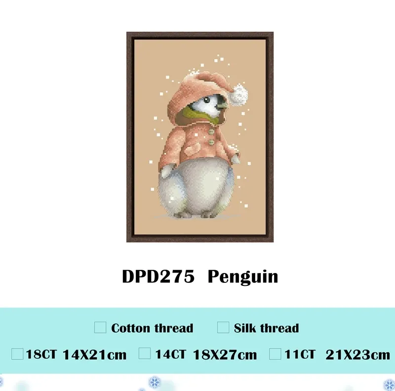 Penguin counted cross stitch design DPD275: a baby penguin in a pink hooded coat with a white pompom, on flaxen fabric with snowflakes