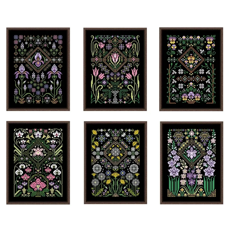 All six black-canvas floral sampler designs shown framed: Iris, Tulip, Pansy, Orchid, Dandelion and Gladioli