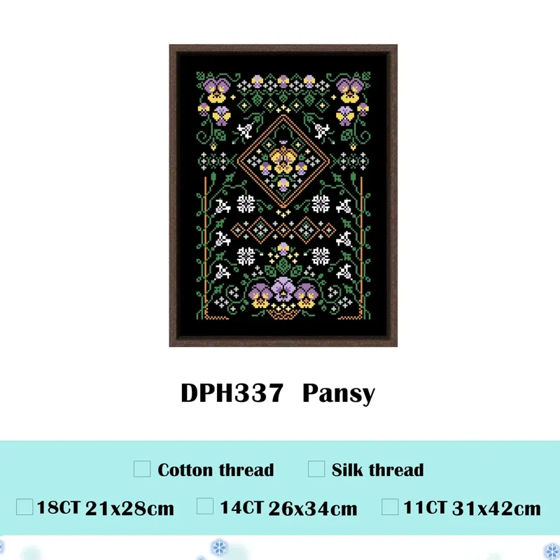 Pansy sampler cross stitch design DPH337: purple and yellow pansies around an orange diamond medallion on black fabric