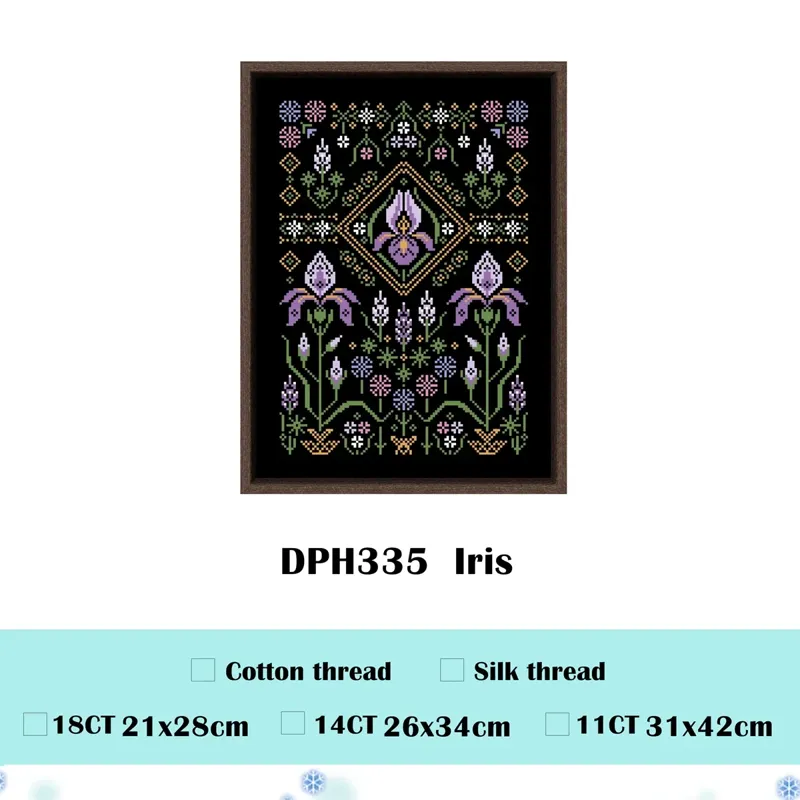 Iris sampler cross stitch design DPH335: purple irises, lavender sprigs and a golden diamond medallion on black fabric