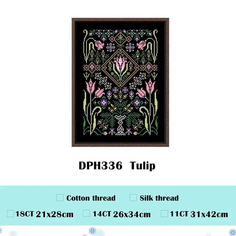 Tulip sampler cross stitch design DPH336: pink tulips and small violet flowers around a salmon and gold diamond frame on black fabric