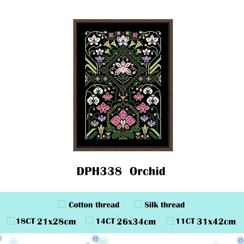 Orchid sampler cross stitch design DPH338: white, pink and lilac orchids with an olive-green medallion on black fabric