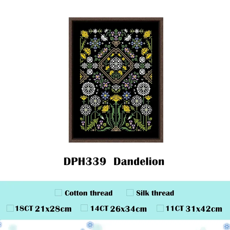 Dandelion sampler cross stitch design DPH339: yellow dandelions, white seed heads and blue cornflowers on black fabric