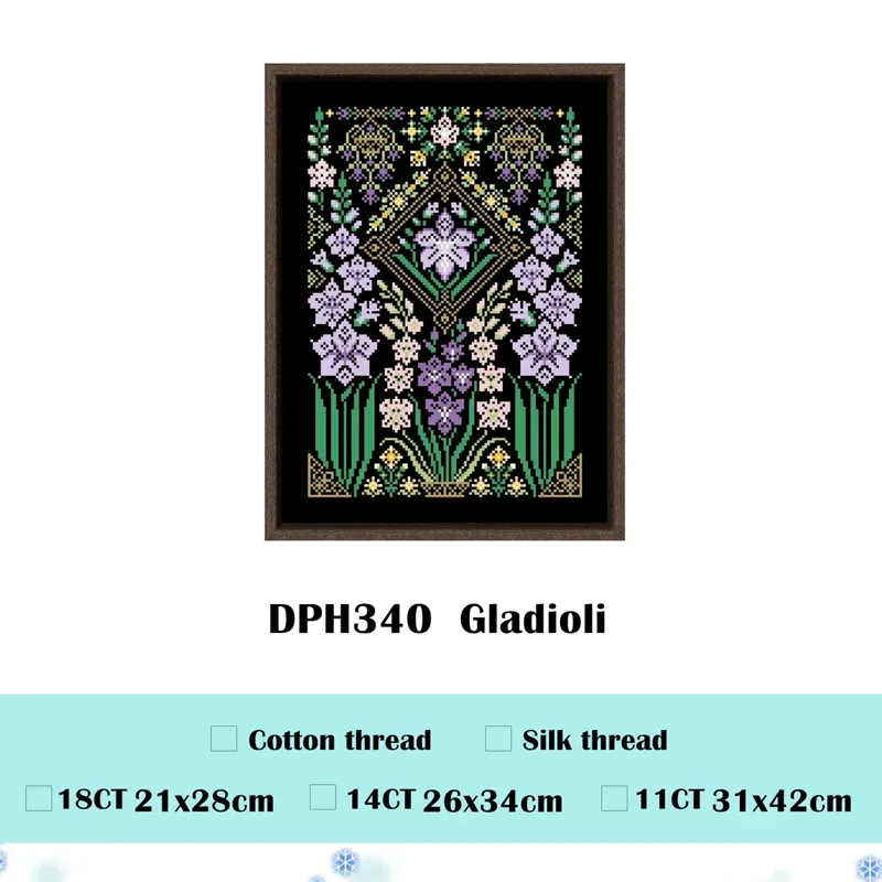 Gladioli sampler cross stitch design DPH340: lilac and pale-pink gladioli with golden bees and stylized baskets on black fabric