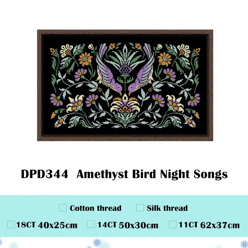 Amethyst Bird Night Songs cross stitch design DPD344: two violet birds diving around a thistle with mauve and ochre flowers on black fabric
