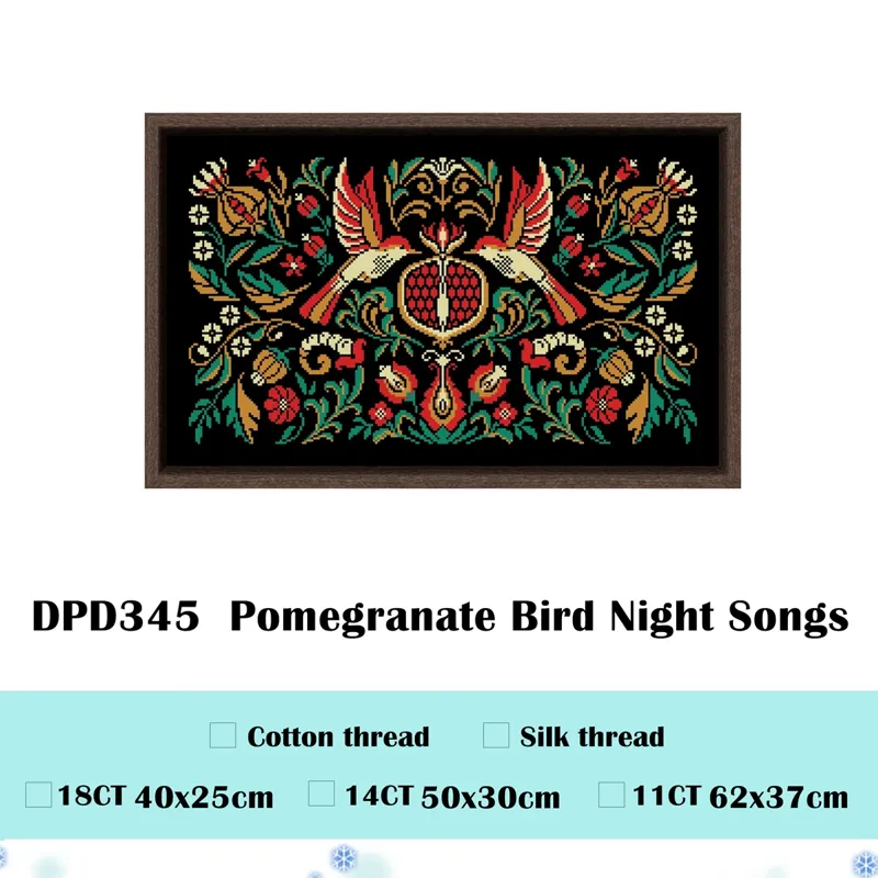 Pomegranate Bird Night Songs cross stitch design DPD345: two red and gold birds with spread wings around a pomegranate on black fabric