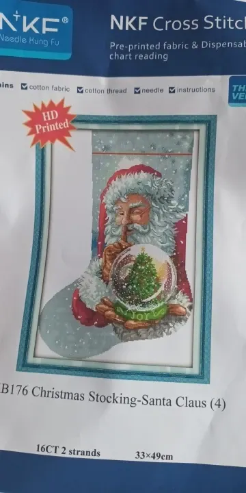 Buyer photo of the Joy Snow Globe stocking kit pouch: Santa holding a snow globe, marked HD Printed, 16CT, 33x49 cm