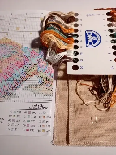 Buyer photo of a Little Animals kit laid out: the two-sided color chart, a DMC card loaded with sorted threads, and the flaxen Aida fabric